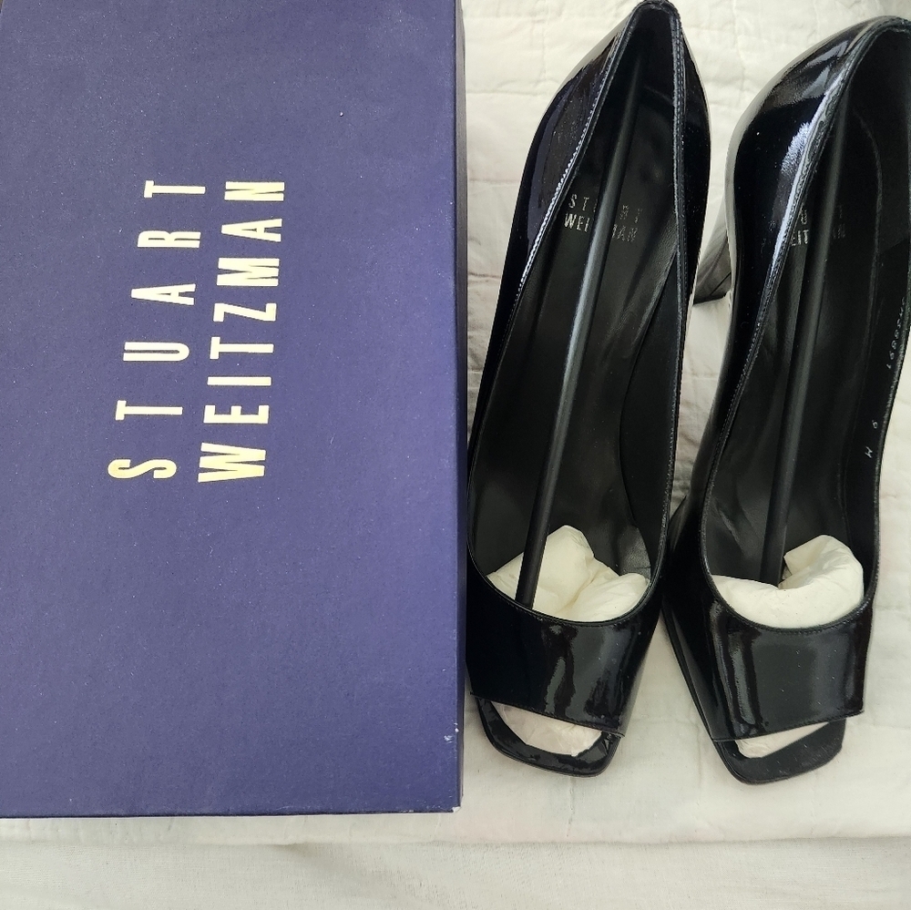 Stuart Weitzman Womens Patent Leather Peep Toe Pumps Black Size 9 Me… - Picture 2 of 7